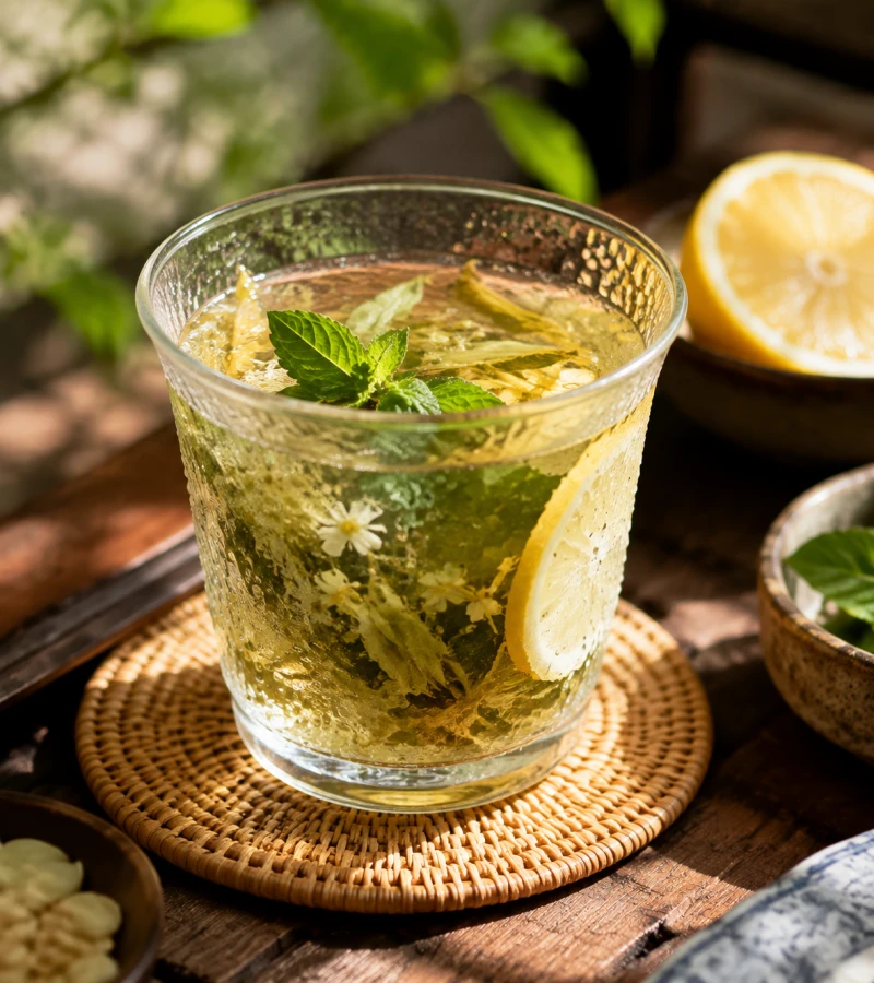 Ein Glas kühlender Kräutertee mit Kondenswasser