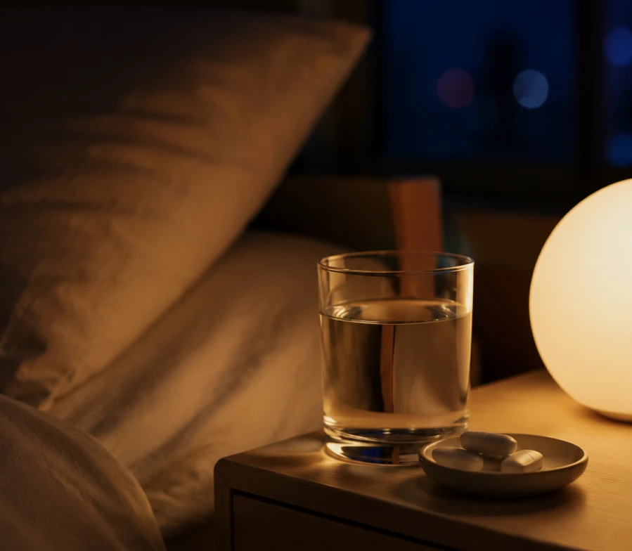 Ein ruhiges Schlafzimmer bei Nacht mit Wasserglas und Magnesiumkapseln auf dem Nachttisch