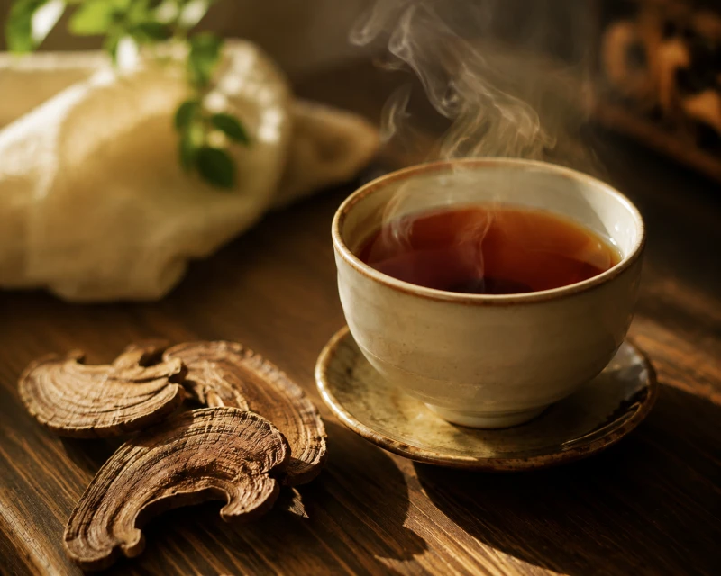 Eine warme Schale Reishi-Tee mit getrockneten Pilzscheiben daneben