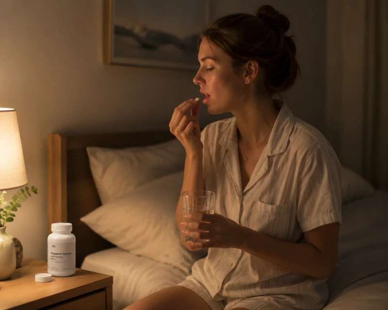 Eine Frau nimmt nachts am Bett eine Magnesiumkapsel mit Wasser ein