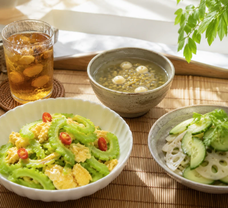 Eine leichte erfrischende Mahlzeit mit Bittermelone und Mungobohnensuppe