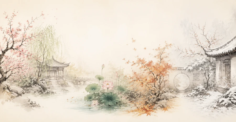 Ein chinesischer Hof in vier Jahreszeiten: Frühlingsblüten, Sommerlotus, Herbstlaub, Winterschnee