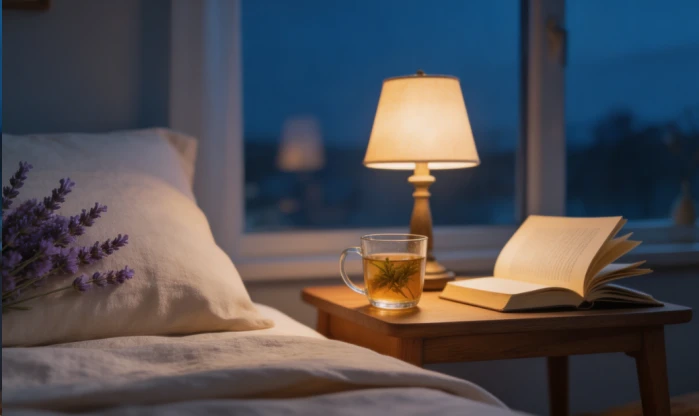 Ein ruhiges Schlafzimmer mit Kräutertee vor dem Schlafengehen