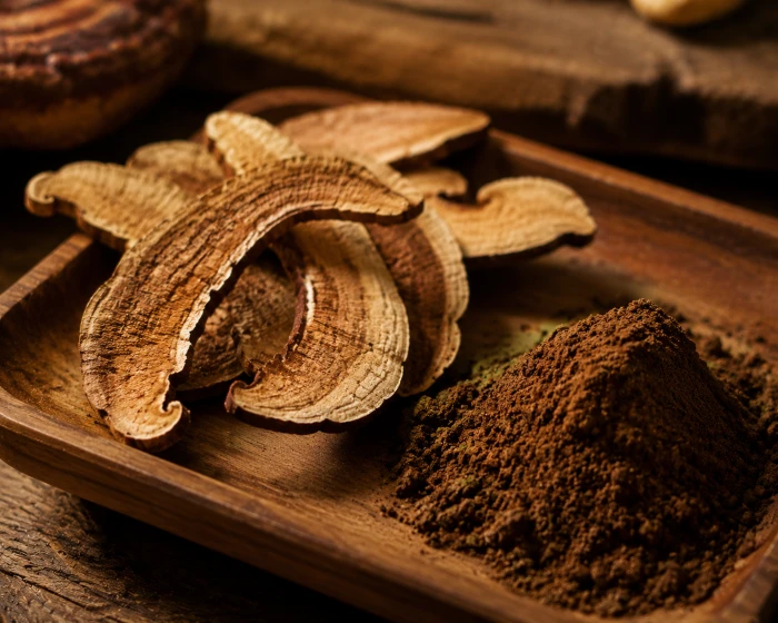 Getrocknete Reishi-Scheiben und gebrochenes Sporenpulver auf einem Holztablett