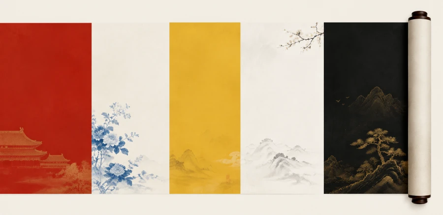 Eine Schriftrolle traditioneller chinesischer Farben: Palastrot, Porzellanblau, Kaiserlich Gelb, Reinweiß, Tiefschwarz
