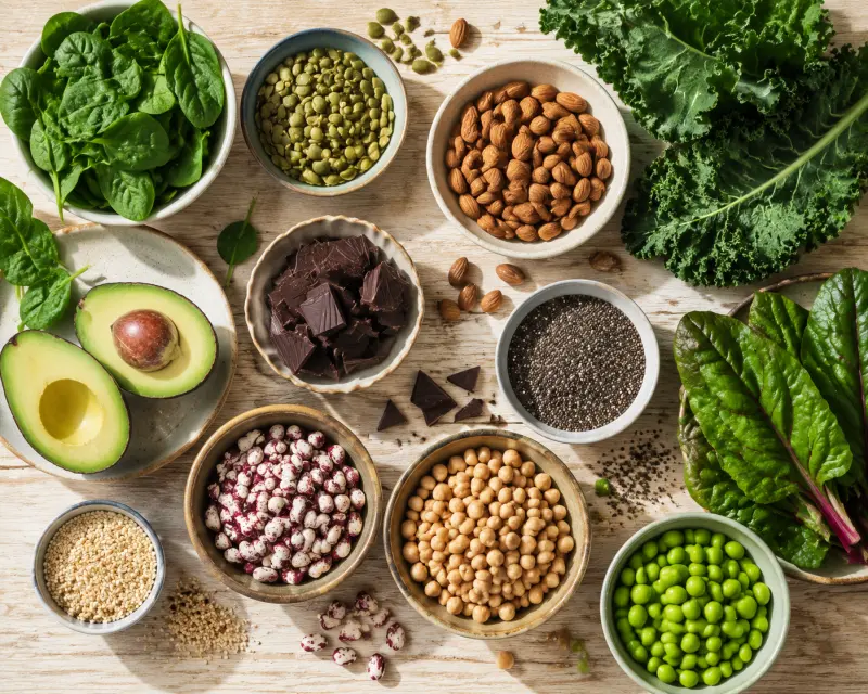 Draufsicht auf magnesiumreiche Lebensmittel: Blattgemüse, Kürbiskerne, Mandeln, dunkle Schokolade, Avocado