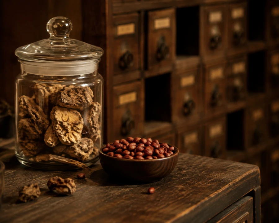 Getrocknete Baldrianwurzel und Jujubekerne im Apothekenglas