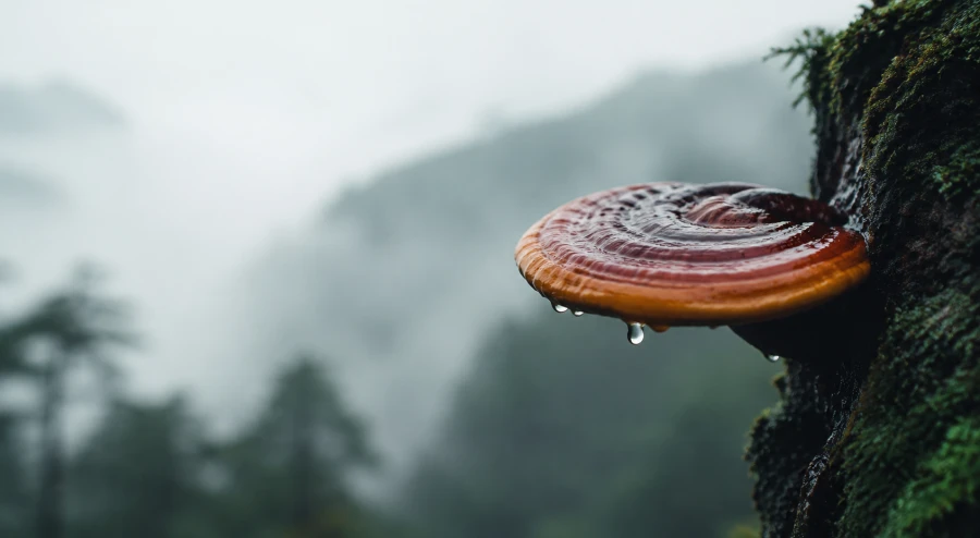 Ein wilder Reishi-Pilz an einem moosigen Stamm im Nebelwald