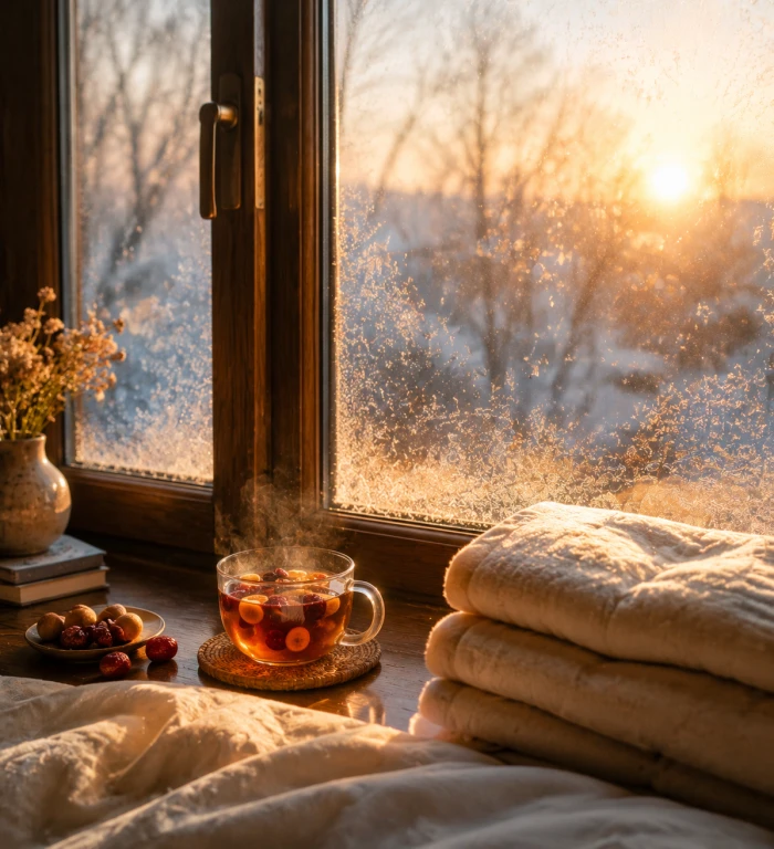 Una finestra invernale gelata al mattino con alba e una tazza di tè