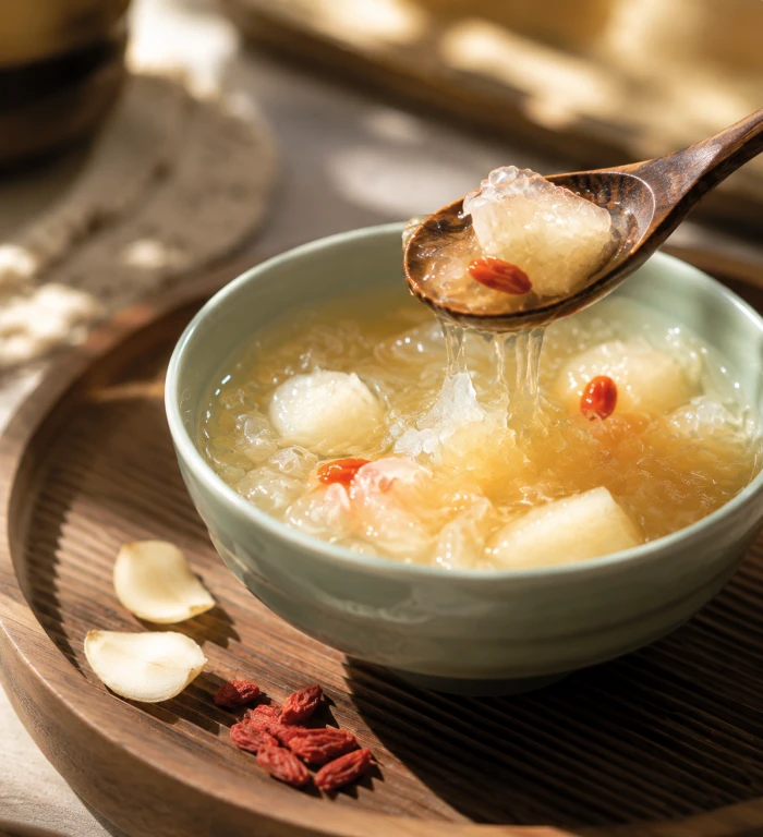 Una ciotola di zuppa di pera e fungo bianco con giglio e bacche di goji