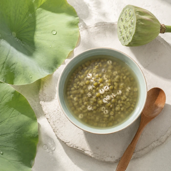 Eine Schüssel Mungobohnensuppe mit Lotusblättern und -samen
