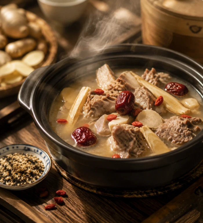 Una pentola fumante di zuppa di agnello con zenzero e giuggiole