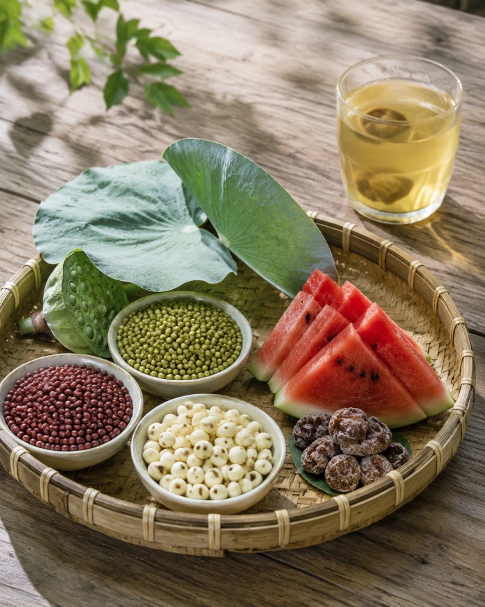 Sommerzutaten: Mungobohnen, Lotussamen, Wassermelone und ein Glas Pflaumengetränk