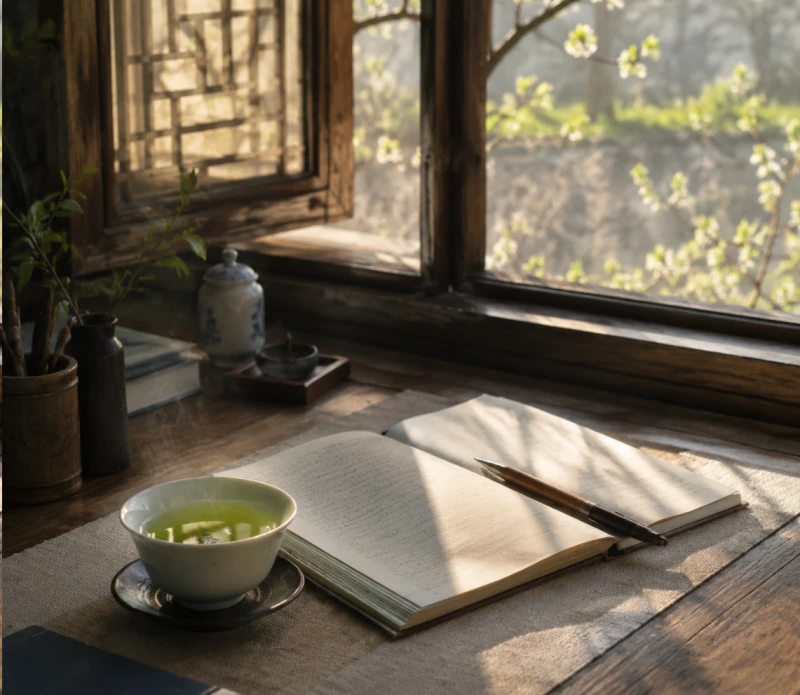 Morgenlicht und eine Tasse grüner Tee am Fenster im frühen Frühling