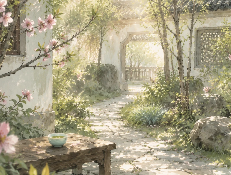 Ein Frühlingsmorgen mit frischen grünen Trieben und rosa Pfirsichblüten