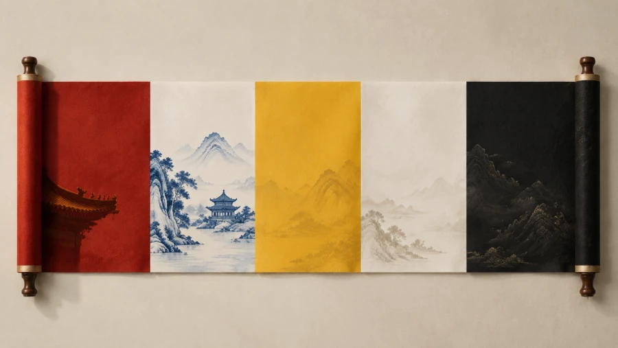 A scroll of traditional Chinese colors: palace red, porcelain blue, imperial yellow, plain white, deep black