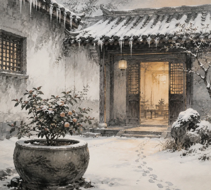 Un cortile invernale innevato con camelia e luce calda