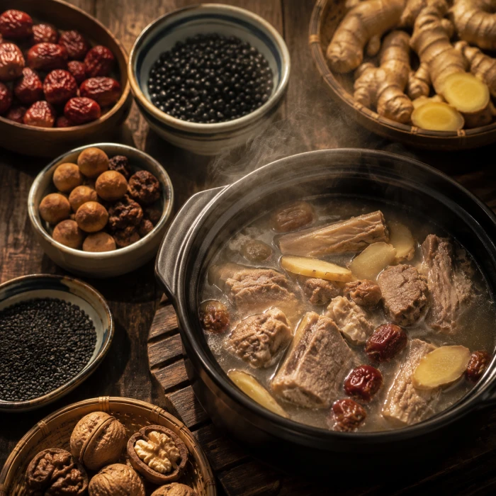 Ingredienti invernali: fagioli neri, noci, giuggiole, longan e zenzero