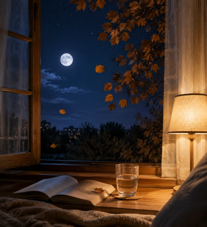 Una finestra di notte d'autunno con chiaro di luna, luce calda e foglie di platano