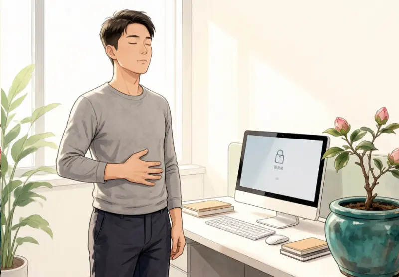 Une personne les mains sur le ventre pratiquant la respiration abdominale près d’un ordinateur verrouillé