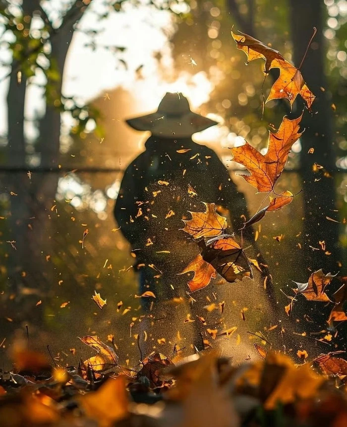 Feuilles d'automne portées par la brise sur un champ ouvert