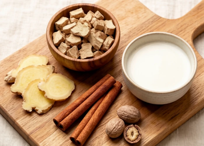 Poudre d'ashwagandha, gingembre, bâtons de cannelle et noix de muscade