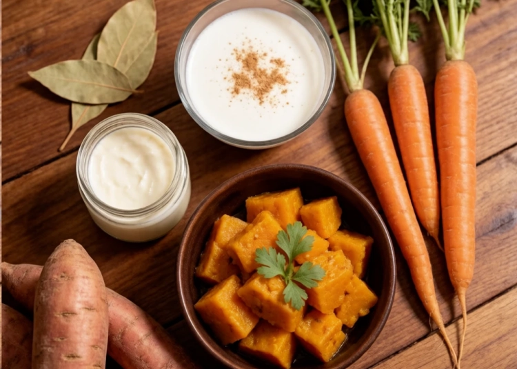 Un bol de courge cuite, ghee, lait chaud à la cannelle et légumes-racines