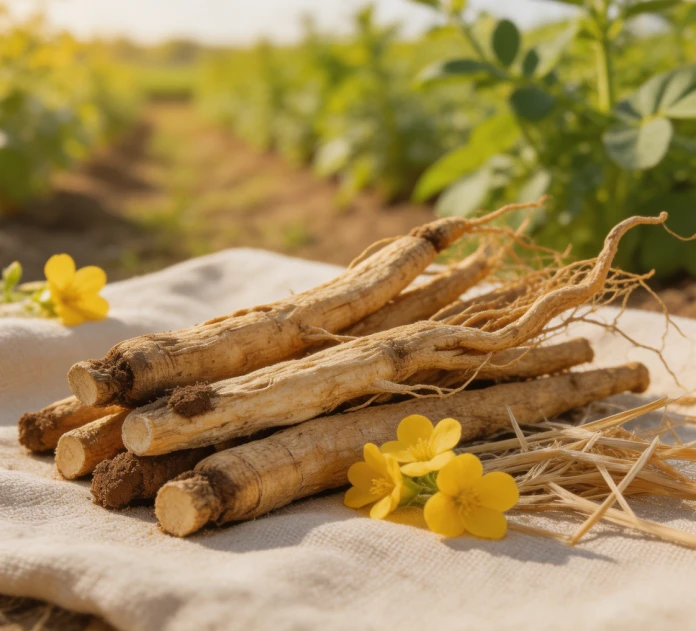 A bundle of dried astragalus roots with yellow pea-like flowers in a herb garden