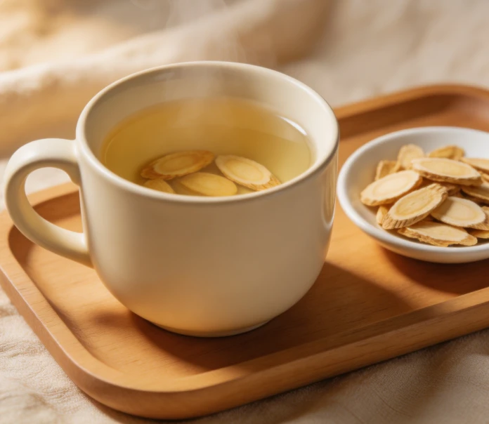A cup of golden astragalus tea with root slices visible, dried slices beside