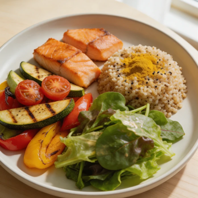 A colorful anti-inflammatory plate: grilled salmon, quinoa, roasted vegetables and a green salad with turmeric