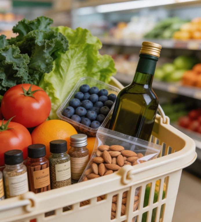 A shopping basket full of fresh produce, nuts, spices and olive oil in a bright market