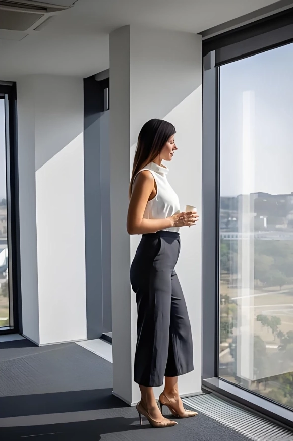 A person by an office window holding coffee, city light outside, the weight of chronic stress