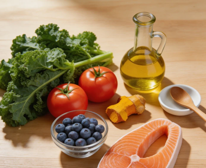 An anti-inflammatory foods spread: leafy greens, tomatoes, blueberries, turmeric, salmon and olive oil