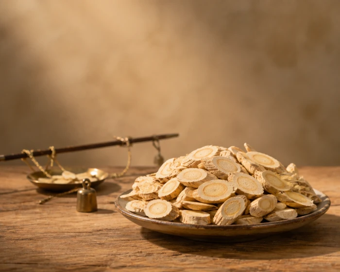 Dried astragalus root slices on a wooden table with a traditional herb scale