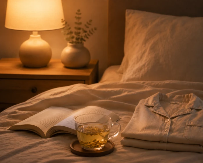 A cup of herbal tea, an open book and folded pajamas, a calm wind-down ritual
