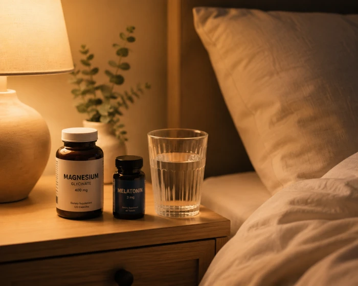 Magnesium and melatonin bottles on a bedside table with a glass of water
