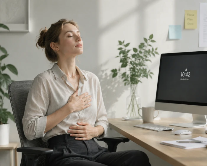Eine Person mit Händen auf dem Bauch übt Bauchatmung neben einem gesperrten Computer