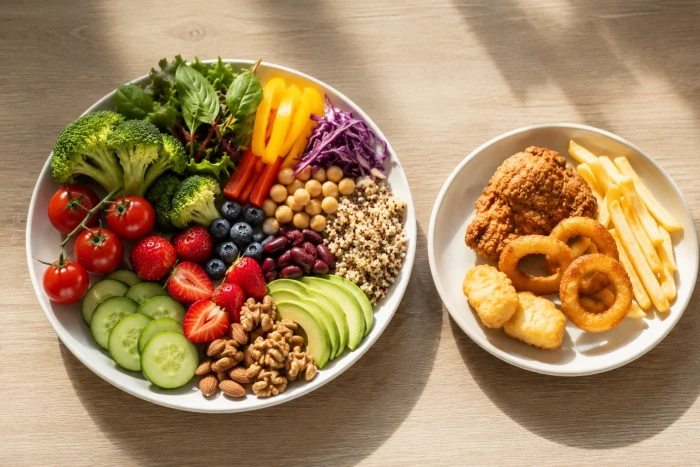 Fresh, colorful whole foods compared with a small oily fried snack