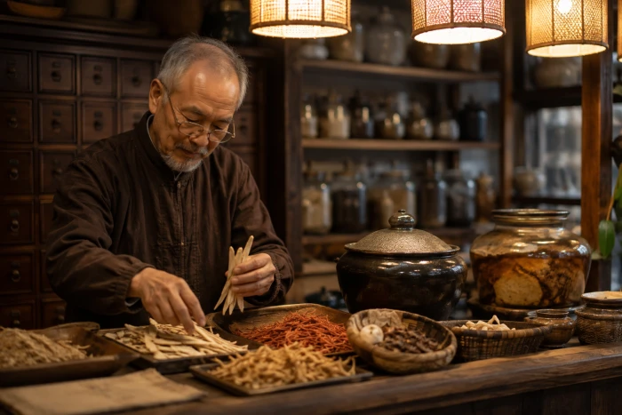 A pharmacist arranging dried herbs and jars of fermented pickles in an old apothecary