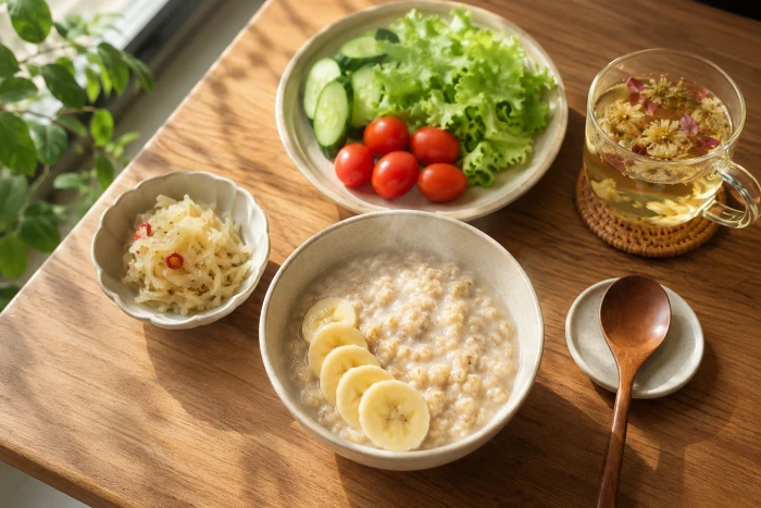 A bowl of oatmeal, fermented vegetables and seasonal greens on a wooden table