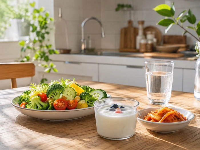 Seasonal vegetables, yogurt and pickles on a kitchen counter