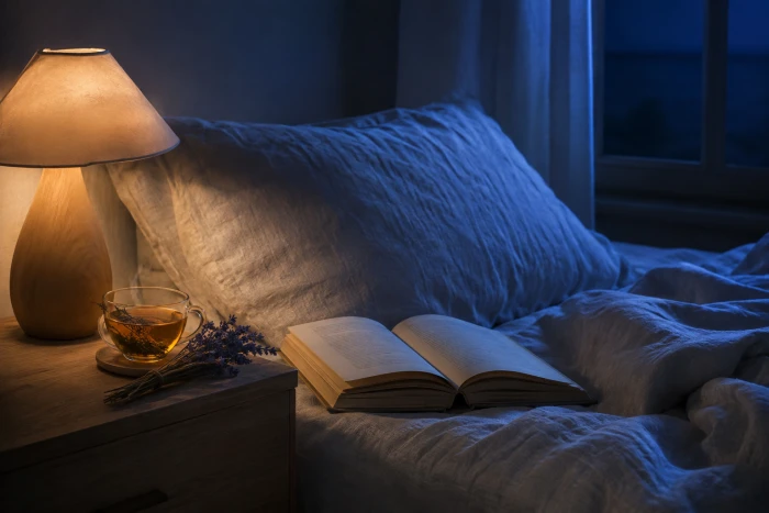 Um quarto tranquilo com chá de ervas antes de dormir