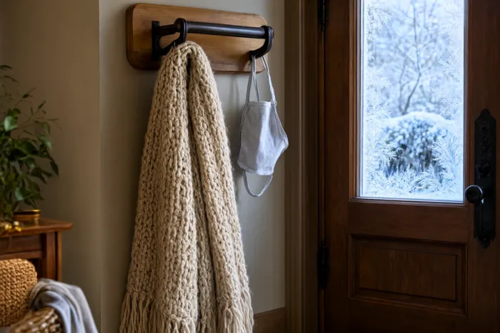 A cream knitted scarf and a pale face mask hanging on a coat hook beside the door, frost on the window outside