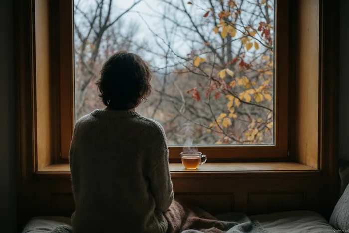 Tristezza d'autunno: una persona guarda dalla finestra in un grigio pomeriggio autunnale