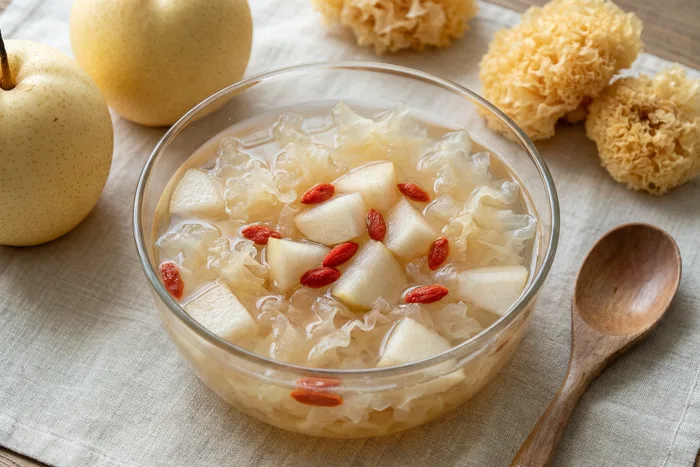 White fungus and pear sweet soup — a classic TCM moistening dessert for winter dry skin