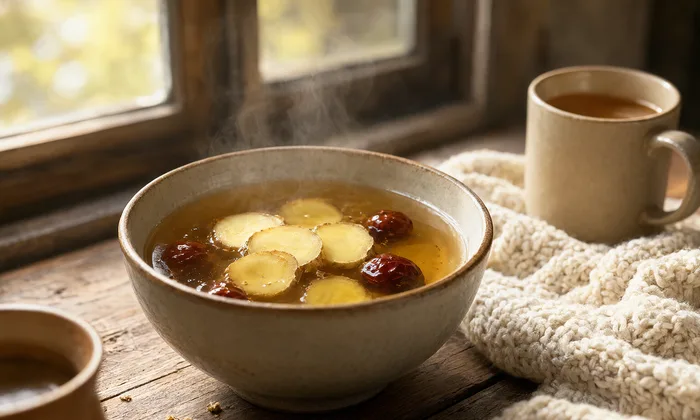 A steaming stoneware bowl of ginger-date decoction with ginger slices and dates, a wool blanket beside it